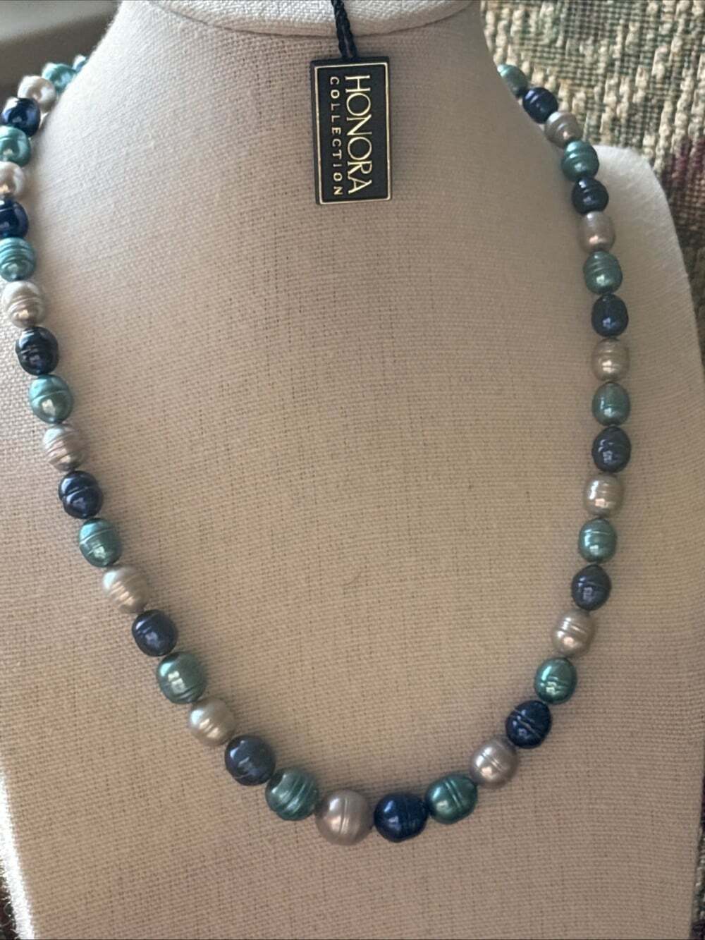 Honora Ringed Pearl Sterling Silver Graduated 7-10mm Necklace Shades of Blue 18"